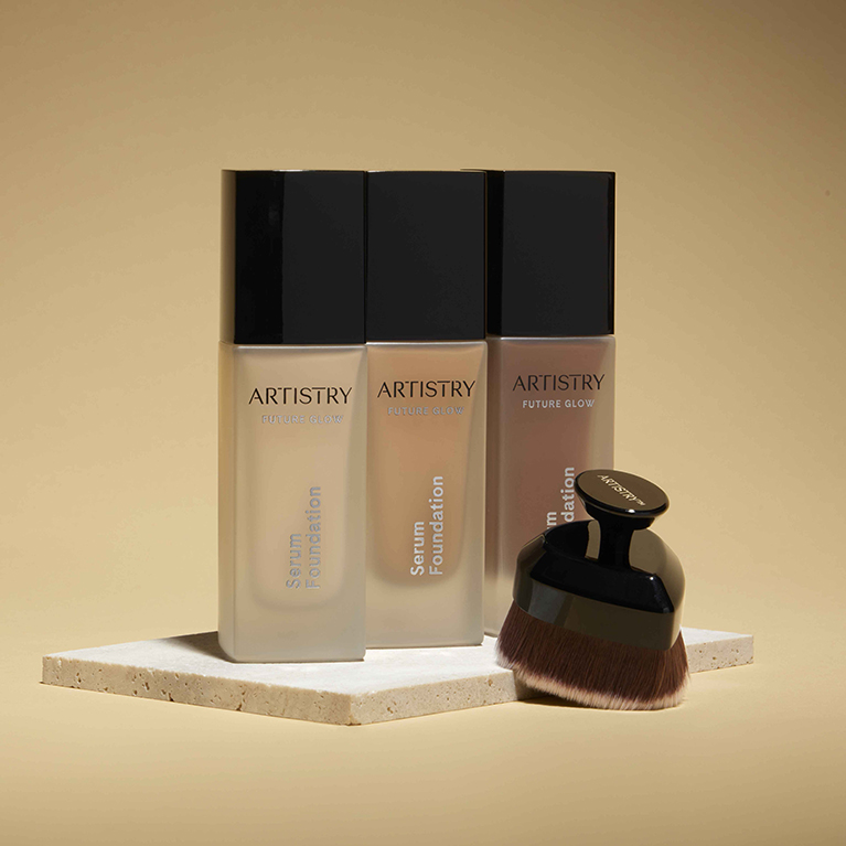 Artistry Future Glow Foundation Brush and three shades of Artistry Future Glow Serum Foundation
