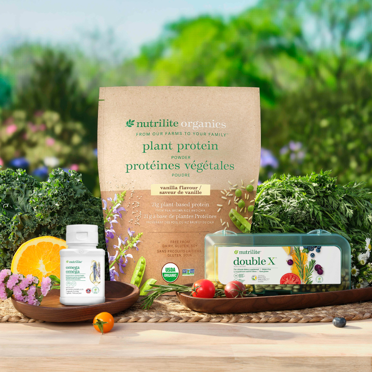The Everyday Nutrition Solution, featuring Nutrilite Double X Multivitamin, Nutrilite Omega and Nutrilite Organics Plant Protein Powder.